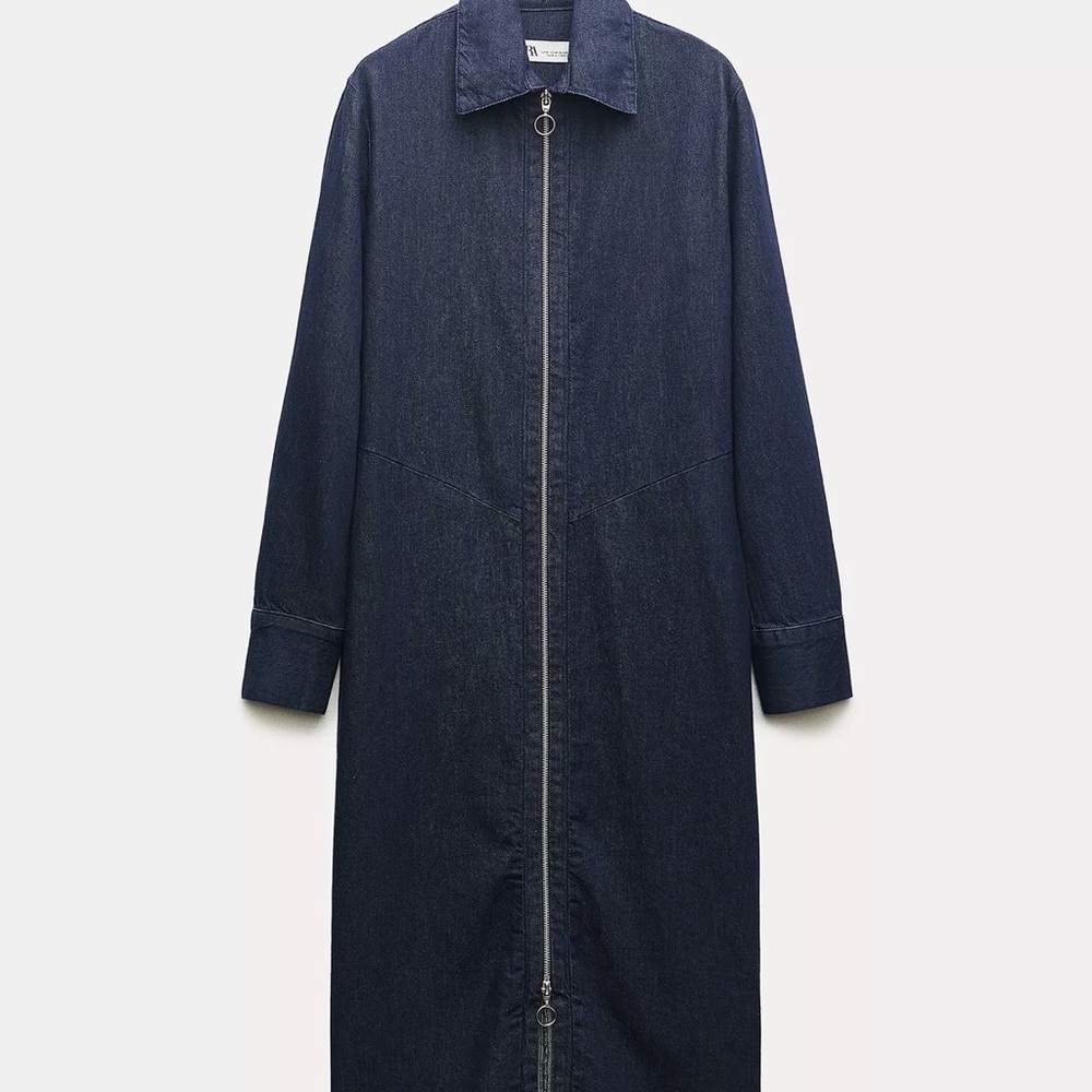 Zara ZW collection Dark Blue Midi Denim Dress with Front Zip